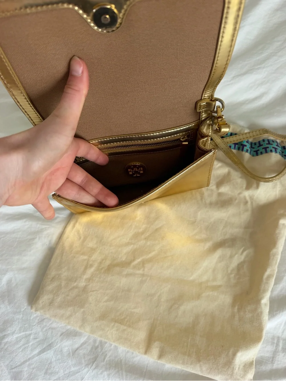 Tory Burch Metallic Gold Leather Crossbody with Perforated Logo